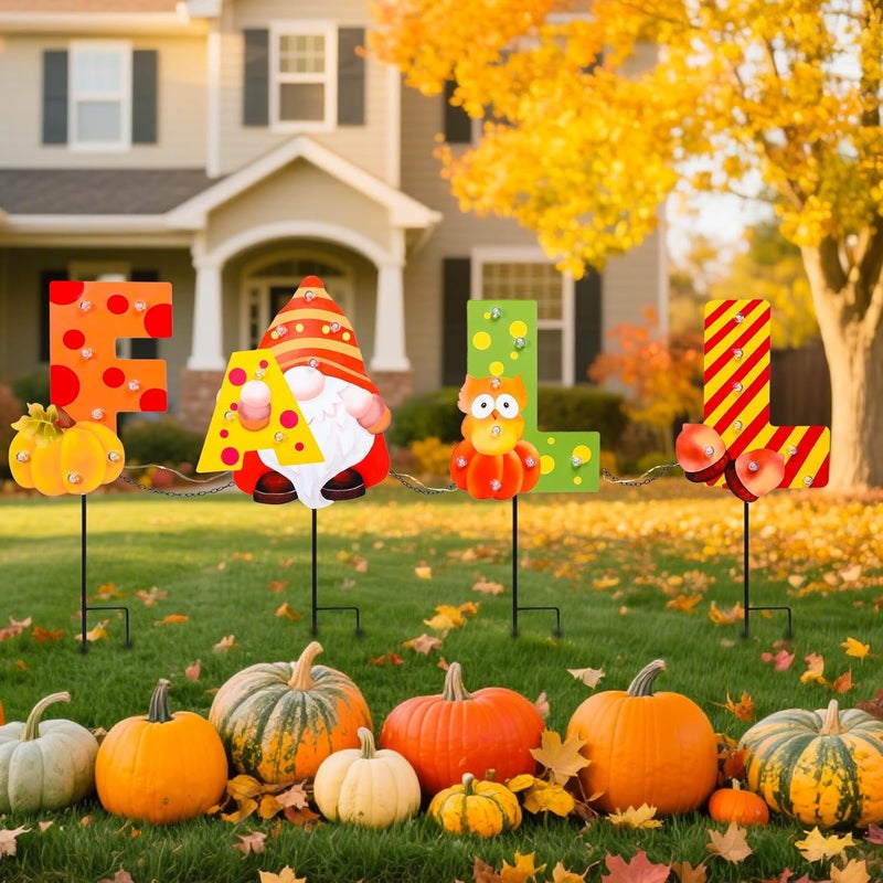 VCUTEKA Fall Yard Decor Outdoor Autumn Harvest Garden Stakes with LED Light Squirrel Gnome Letter Pumpkin Yard Sign with Stakes Fall Thanksgiving Decoration for Home Outside Lawn Garden Holiday Decor - Image 2